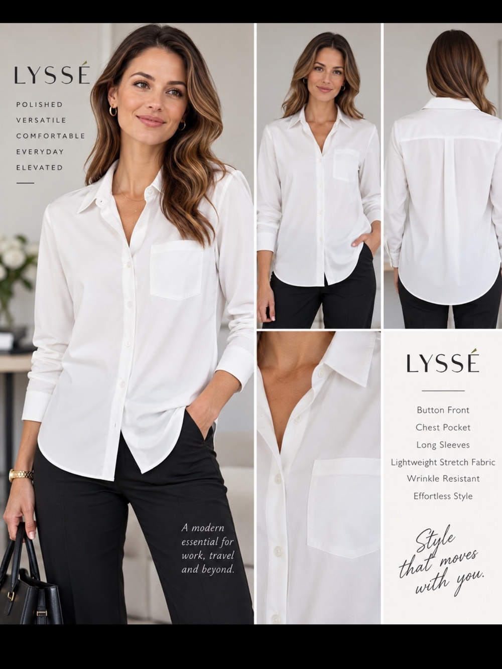Lysse White nylon stretch Button-Front Shirt with Chest Pocket. S